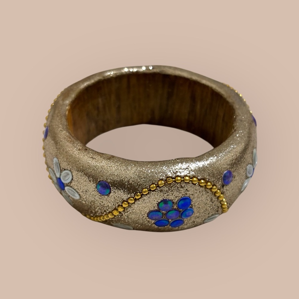 Bangle with Bead and Floral Accents Gold and Blue